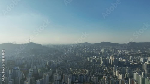 Aerial View of Seoul city in South Korea, Wangsimni, Han River, Winter