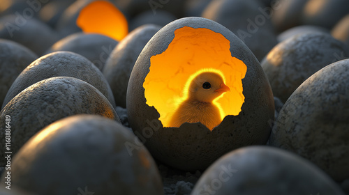 A cracked egg with a tiny, questioning chick peeking out, surrounded by unhatched eggs photo