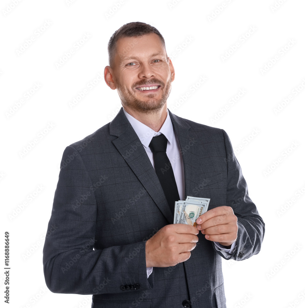 Banker with dollar banknotes on white background Banker with dollar banknotes on white background