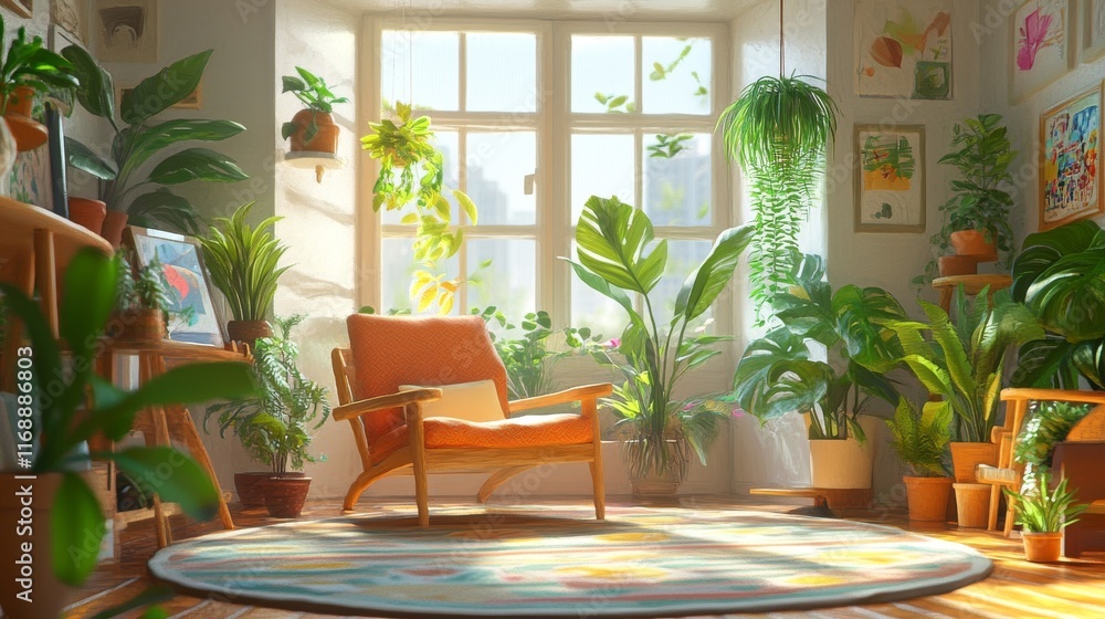 Fototapeta premium Modern minimalist home interior with abundant natural light and lush houseplants in a bright airy room creating a fresh and serene living space decor concept