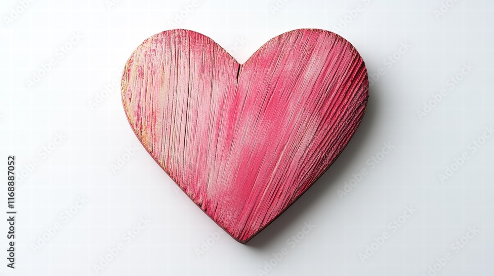 Fototapeta premium Pink Wooden Heart Cut-Out on White Background with Subtle Textures and Natural Wood Grain Details Highlighting Craftsmanship and Aesthetic Appeal
