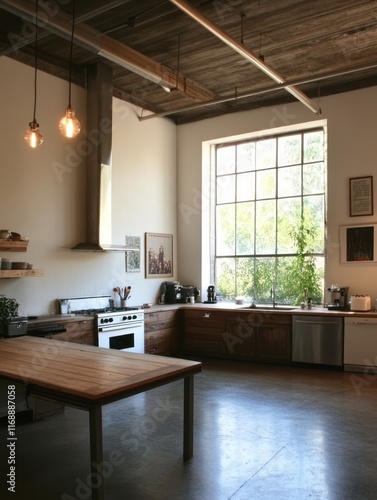 Wallpaper Mural Modern Loft Kitchen With Large Window And Island Table Torontodigital.ca
