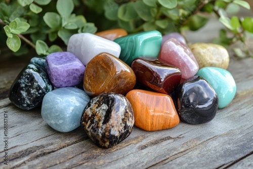 Polished gemstone tumbled stones collection on wood photo