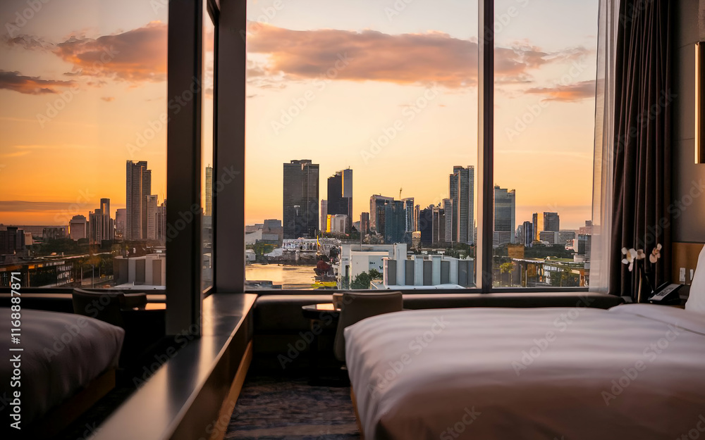 Obraz premium Hotel room in modern city. Modern Hotel Room with City View.