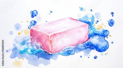 A vibrant watercolor painting of a pink soap bar surrounded by splashes of blue water for a fresh and clean aesthetic. photo