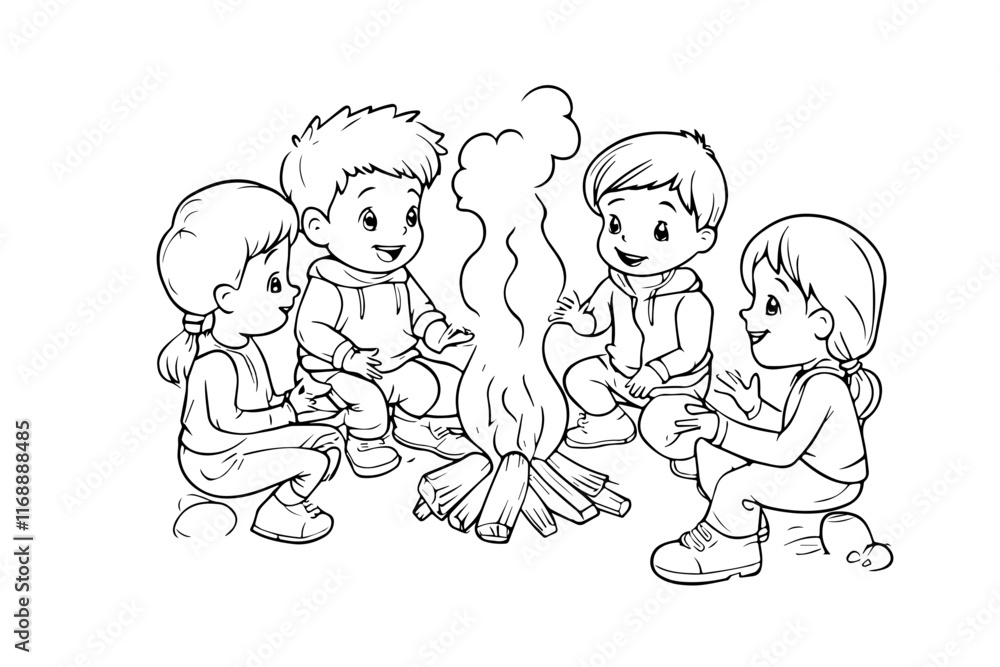 vector illustration of children's sitting around the campfire , black outline for kids coloring page. vector illustration of children's sitting around the campfire , black outline for kids coloring page.