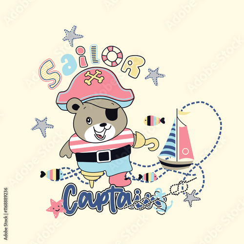 Cute animal vector illustration as a sailor on a tropical island. Whimsical and adventurous design.