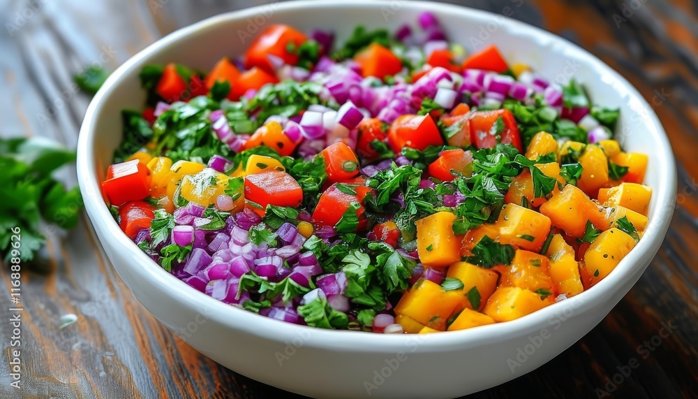 Colorful Vegetable Salad with Fresh Ingredients in Bowl on Wooden Table from Top Down View Colorful Vegetable Salad with Fresh Ingredients in Bowl on Wooden Table from Top Down View