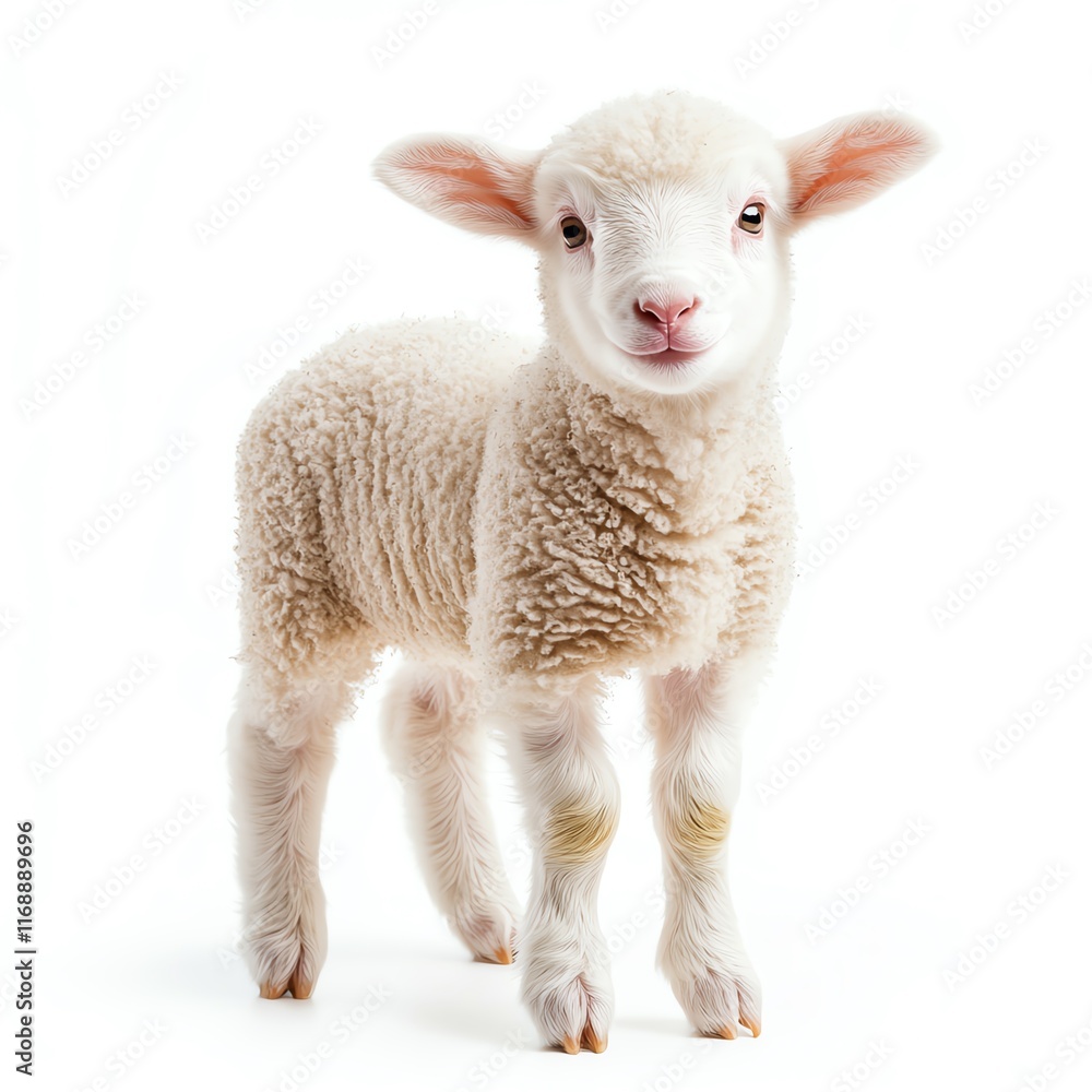 A cute, fluffy lamb stands confidently, showcasing its soft wool and playful demeanor against a white background.