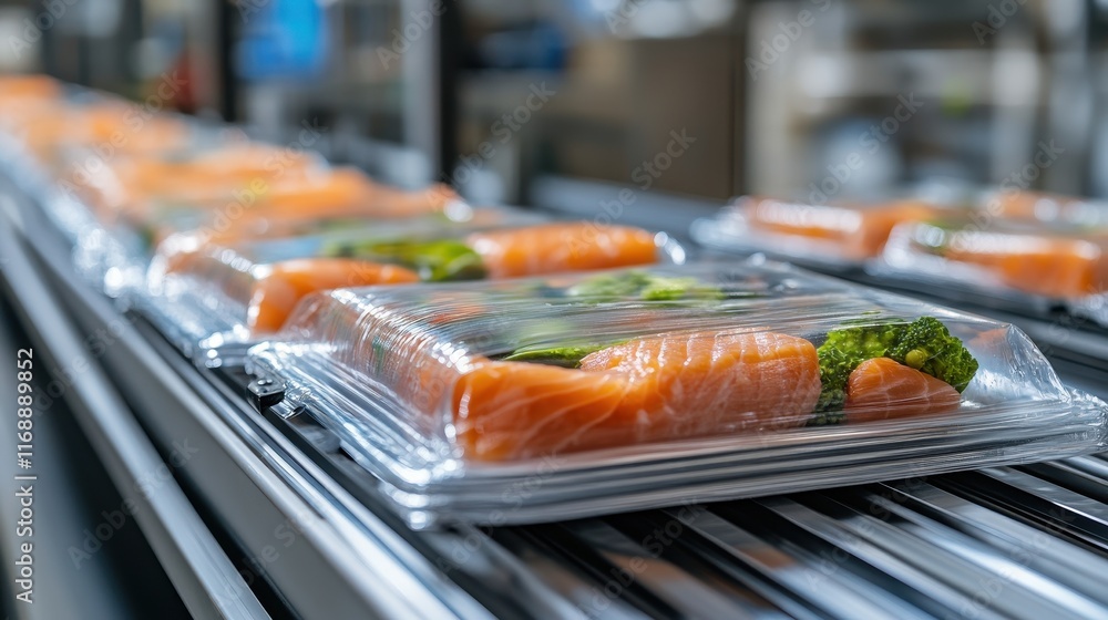 Salmon fillets and broccoli in plastic containers move along a conveyor belt. Shows automated food packaging and distribution process. Salmon fillets and broccoli in plastic containers move along a conveyor belt. Shows automated food packaging and distribution process.