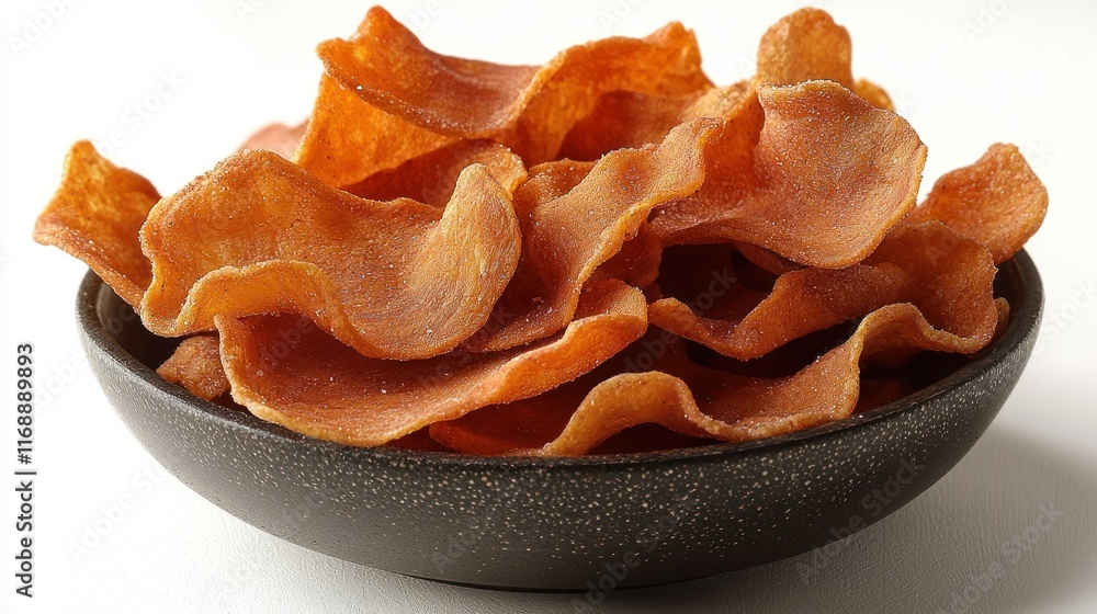 Crispy sweet potato chips in a bowl on white background. Crispy sweet potato chips in a bowl on white background.