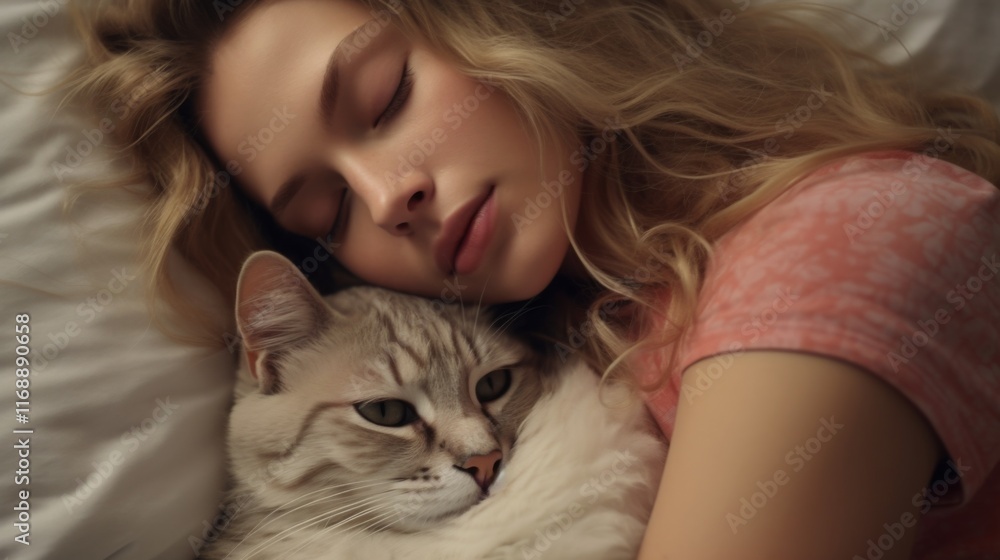 Cozy moments shared between a young woman and her cat during a serene morning in bed Cozy moments shared between a young woman and her cat during a serene morning in bed
