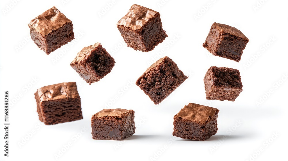 Cube brownies floating in the air before isolated on white background Cube brownies floating in the air before isolated on white background