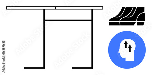 Sleek black and white study desk, abstract bookshelf, and head with upward arrows. Ideal for education, productivity, focus, organization, personal growth, innovation and workspace design themes