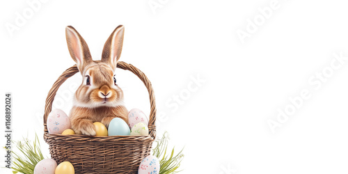 Easter banner with a bunny and a basket of painted colorful eggs isolated on transparent background. Happy Easter banner for advertisement, header, easter rabbit, egg, and spring flowers, copy space