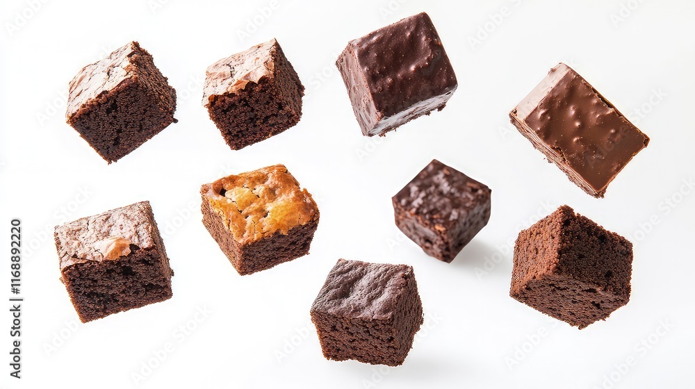 Cube brownies floating in the air before isolated on white background Cube brownies floating in the air before isolated on white background