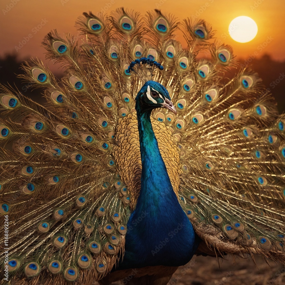 Obraz premium Illustration: A peacock spreading its vibrant, multicolored pinions under a golden sunset.
