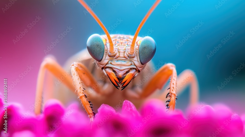 Fototapeta premium This stunning close-up image captures a colorful mantis perched on vibrant pink petals, showcasing the intricate details of its eyes and unique body structure, which illustrates the beauty and comple