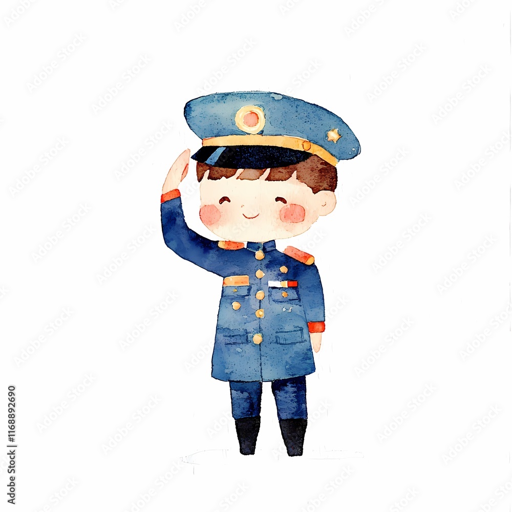 Watercolor. Cute illustration of a boy in a military uniform saluting with a cheerful expression. Watercolor. Cute illustration of a boy in a military uniform saluting with a cheerful expression.