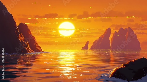 Fiery Sunset Over Ocean Rocks Dramatic Seascape