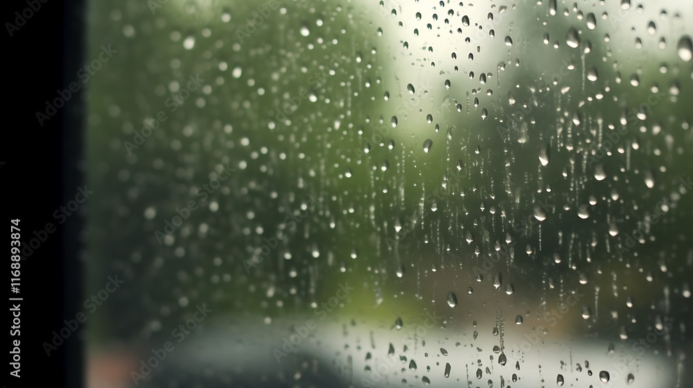 Obraz premium Rain droplets on a windowpane obscure a green background