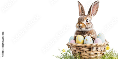 Easter banner with a bunny and a basket of painted colorful eggs isolated on transparent background. Happy Easter banner for advertisement, header, easter rabbit, egg, and spring flowers, copy space