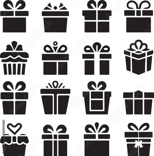 Gift box icon set. Present gift box tied, open, and sparkle for Christmas, birthday, valentine, wedding event, party, celebration, and achievement success. Vector illustration.