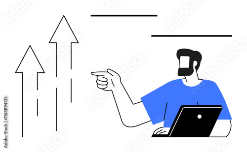 Business professional pointing at growing arrows, indicating progress and success. Ideal for business growth, data analysis, financial forecasting, productivity improvement, goal setting, strategic