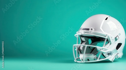 A sleek white football helmet stands out against a bold teal background, highlighting the fusion of design and functionality in the world of sports equipment. photo