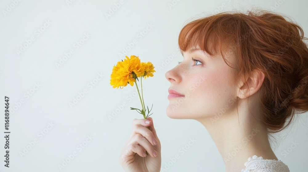 Young Woman With Red Hair Holding Yellow Flower Against White Background Young Woman With Red Hair Holding Yellow Flower Against White Background