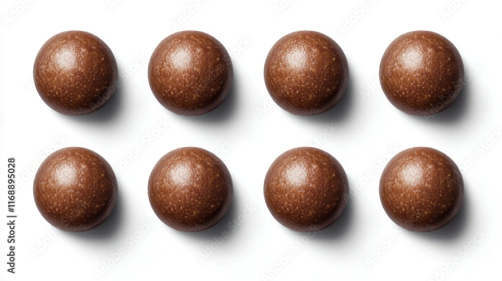 Eight chocolate balls on white background, viewed from above. Eight chocolate balls on white background, viewed from above.