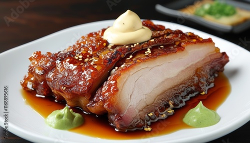 Delicious Crispy Pork Belly Served with Creamy Sauce and Garnish on a White Plate