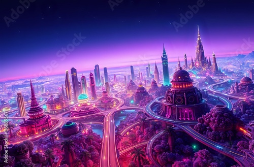 Vibrant Cityscape at Dusk - Futuristic Neon Metropolis photo