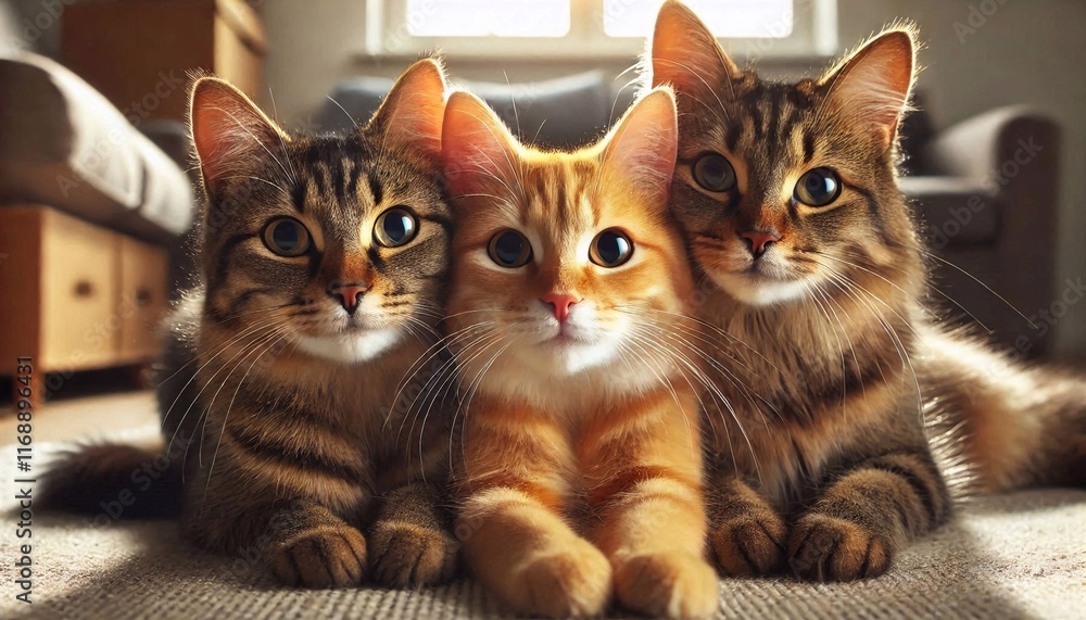 Close up of group of cats looking at camera, portrait of cat family Close up of group of cats looking at camera, portrait of cat family