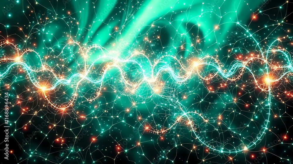 Fototapeta premium Captivating Bioluminescent Neural Network Art Nouveau Design - Green & Blue Glow, 16:9 Aspect Ratio