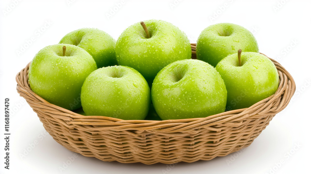 Green apples sit in a wicker basket surrounded by an orchard, illuminated by soft morning light Green apples sit in a wicker basket surrounded by an orchard, illuminated by soft morning light