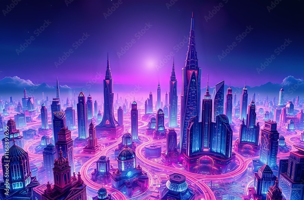 Fototapeta premium Futuristic Cityscape at Twilight - Vibrant Neon Metropolis