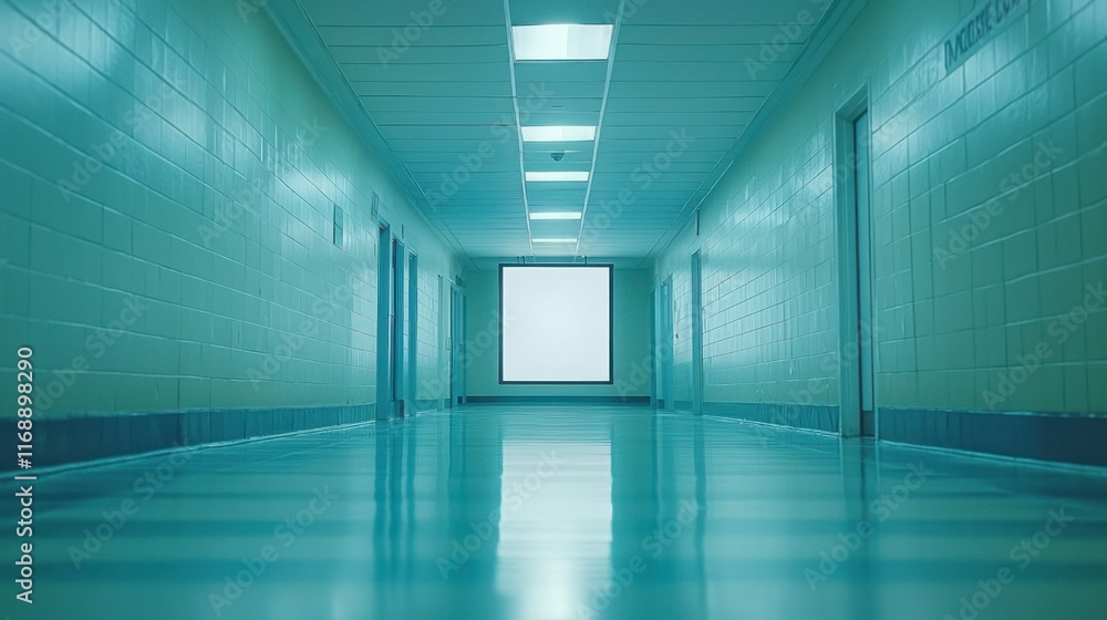 Fototapeta premium Empty hospital hallway with blank frame, doors in background.