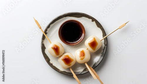 Top Down View of Dango Skewers with Sauce on a Plate in Stylish Presentation
