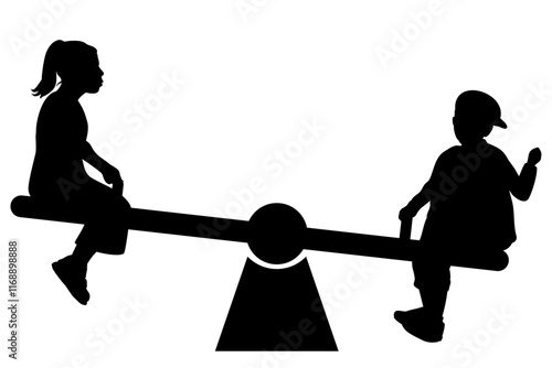 Children silhouettes. Little boy and girl swinging seesaw. Vector illustration.	
