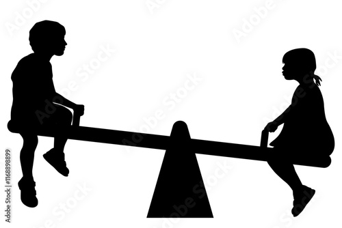 Children silhouettes. Little boy and girl swinging seesaw. Vector illustration.	
