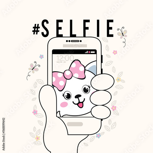 Beautiful cat girl character posing and taking selfie, stylish and fun vector illustration.
