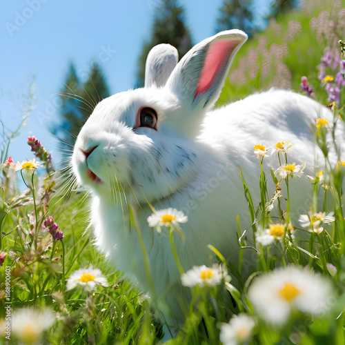 a white raa white rabbit on a fieldbbit on a field photo