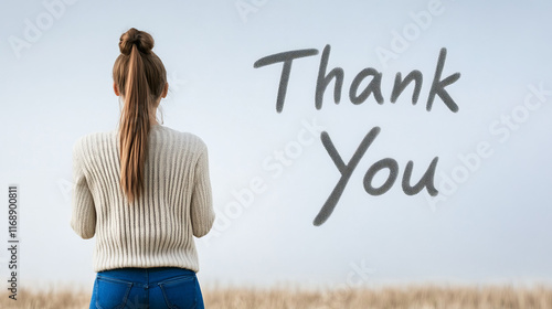 A person in a sweater captures skywriting that spells out 'Thank You' in a clear afternoon sky photo