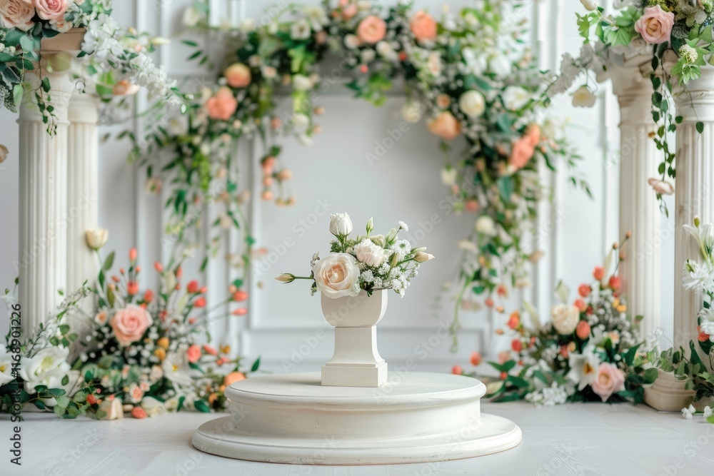 Pink and white flowers decoration pillars wall design wallpaper with white stone podium Pink and white flowers decoration pillars wall design wallpaper with white stone podium