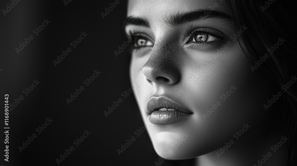 A close-up black and white portrait of a young woman, showcasing her expressive eyes and smooth skin, conveying a sense of contemplation and elegance. A close-up black and white portrait of a young woman, showcasing her expressive eyes and smooth skin, conveying a sense of contemplation and elegance.