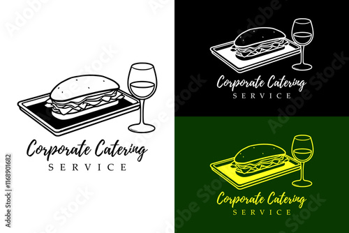 a big burger in a tray with drink glass, corporate catering, catering service, caterer, business catering, meeting, restaurant logo, food stall, sandwich, wedding catering, wedding menu, vector art