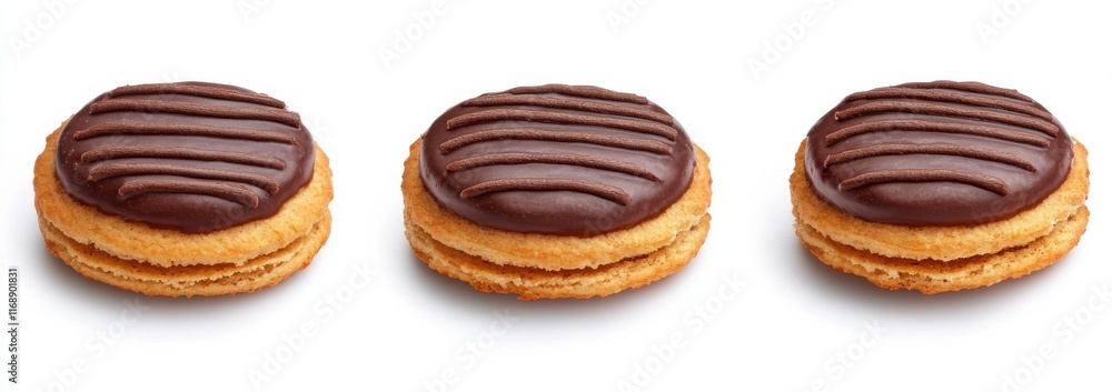 Delightful chocolate-covered cookies arranged in a row with a polished finish and artistic design Delightful chocolate-covered cookies arranged in a row with a polished finish and artistic design