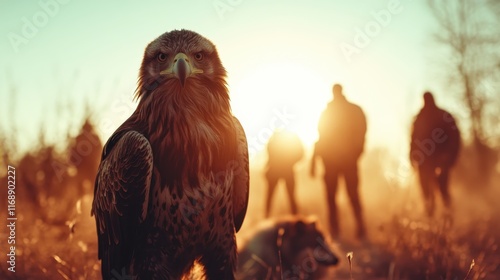 A majestic eagle gazes fiercely at the viewer, surrounded by silhouettes of people in the background amidst a striking golden sunset, showcasing power and elegance. photo