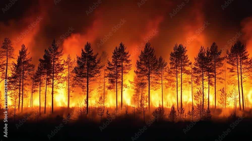 A forest fire is raging through a wooded area A forest fire is raging through a wooded area
